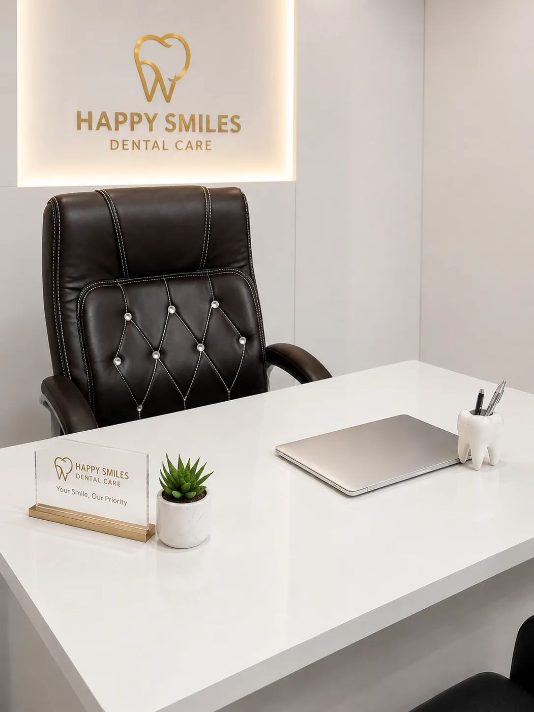 Consultation room at Smile Zone with a clean desk and clinic signage
