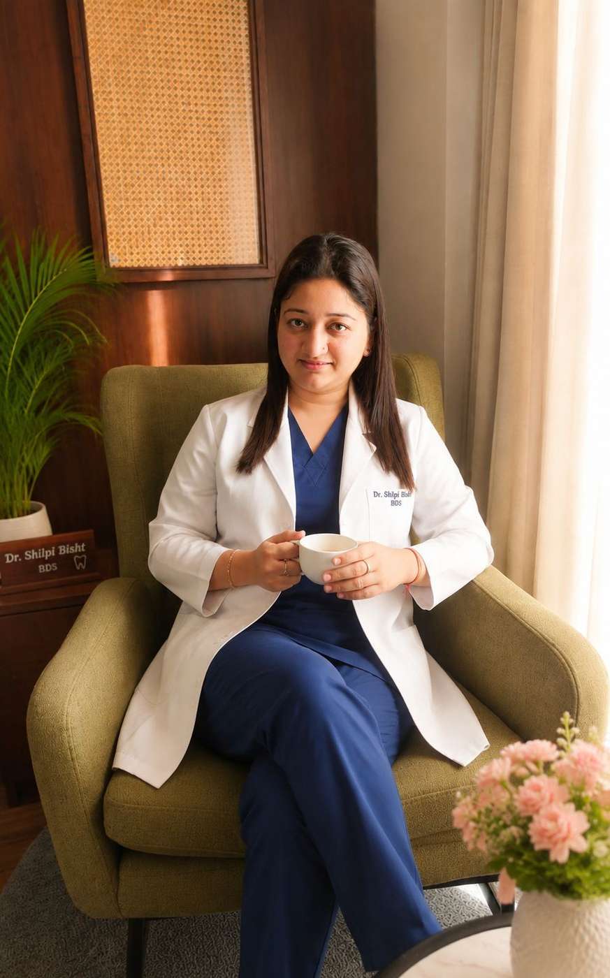 Portrait of the Smile Zone dentist in a white clinical coat inside the clinic