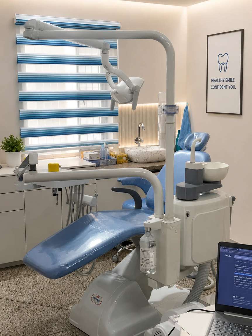 Clean dental treatment room with soft blue walls and modern equipment